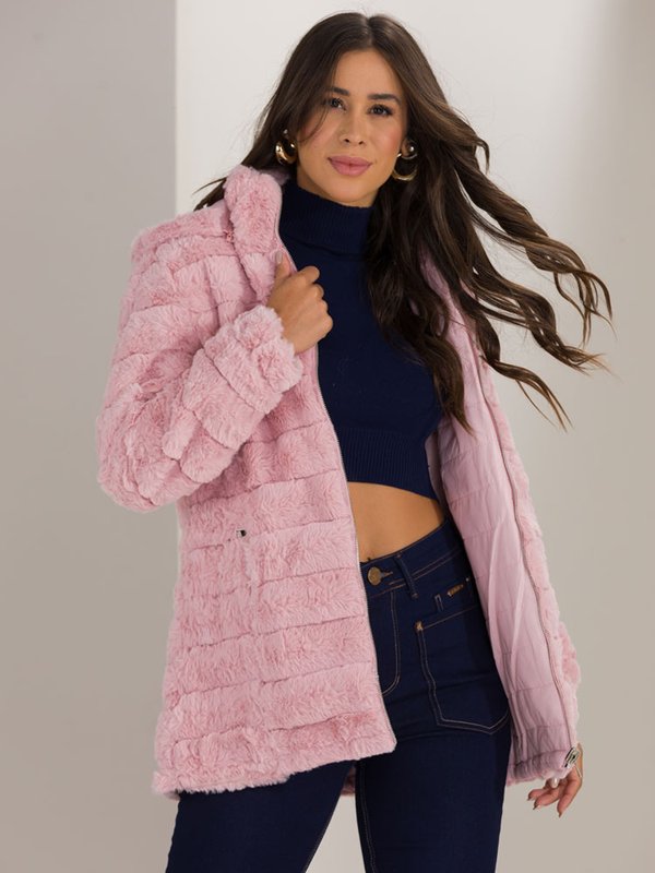 Jaqueta Feminina Dupla Face Nylon Alongada (Rosa)