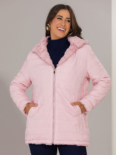 Jaqueta Feminina Dupla Face Nylon Alongada (Rosa)