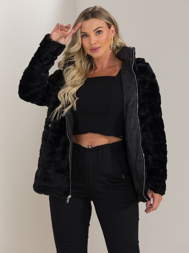 Jaqueta Feminina Dupla Face Nylon Alongada (Preto)