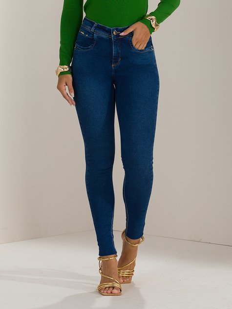 Calça Feminina Jeans Skinny Lycra Cintura Alta (Azul)