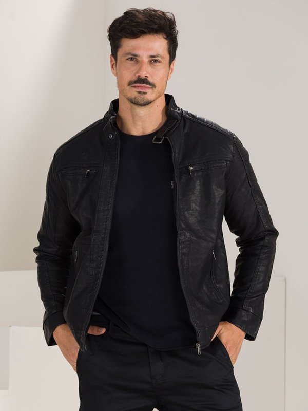 Jaqueta Masculina Couro Ecológico Forrada (Preta)