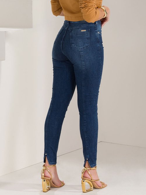 01 calca feminina jeans skinny barra em v azul 40