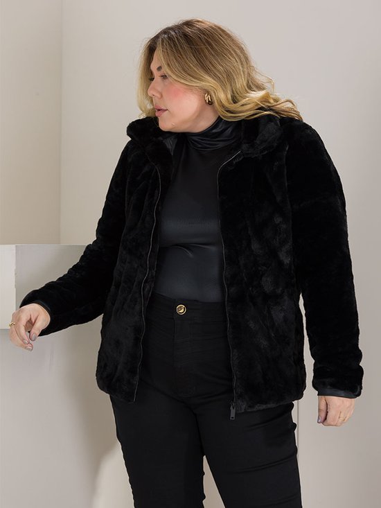 Jaqueta Feminina Peluciada Plus Size Gola Alta (Preto)