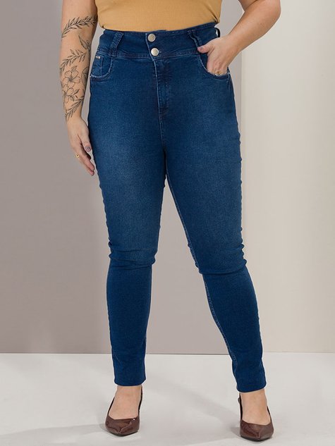 Calça Feminina Jeans Skinny Cós Alto Botões (Azul)
