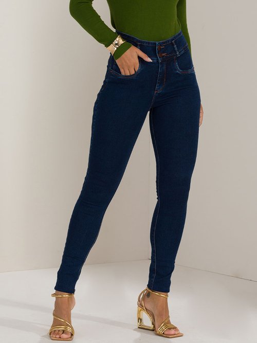 01 calca feminina jeans skinny lycra cintura alta azul 38