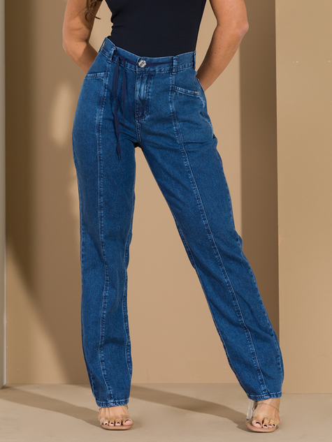 Calça Feminina Jeans Slouchy Reta com Cordão (Azul)