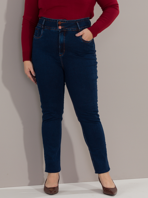 02 calca feminina jeans skinny lycra plus size azul 48