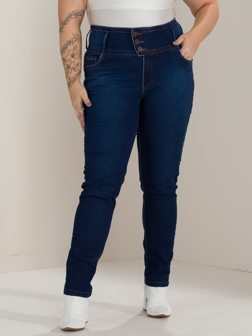 01 calca feminina jeans plus size efeito lifting azul 48