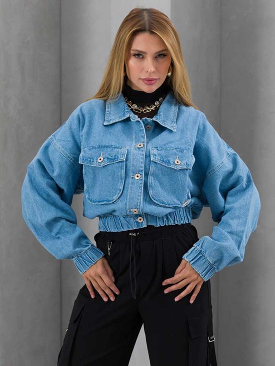 Jaqueta Feminina Cropped Jeans Bomber Bolso Frontal