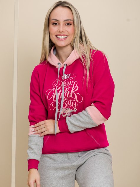 Conjunto Feminino Moletom New York City com Capuz (Rosa)