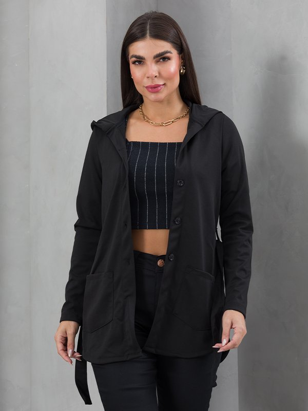 06 parka feminina de malha com cinto meia estacao preto g