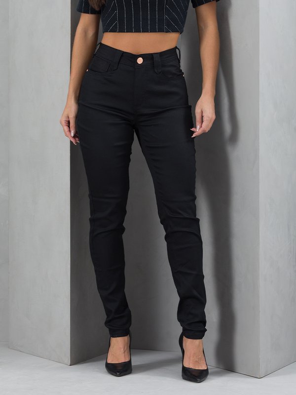 02 calca feminina sarja cigarrete skinny cintura alta nao desbota preto 38