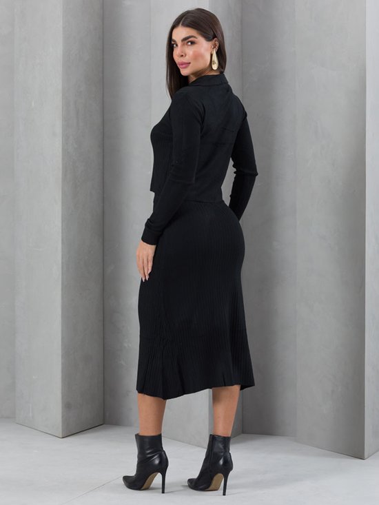 Conjunto Feminino Tricot Modal Blusa e Saia (Preto)