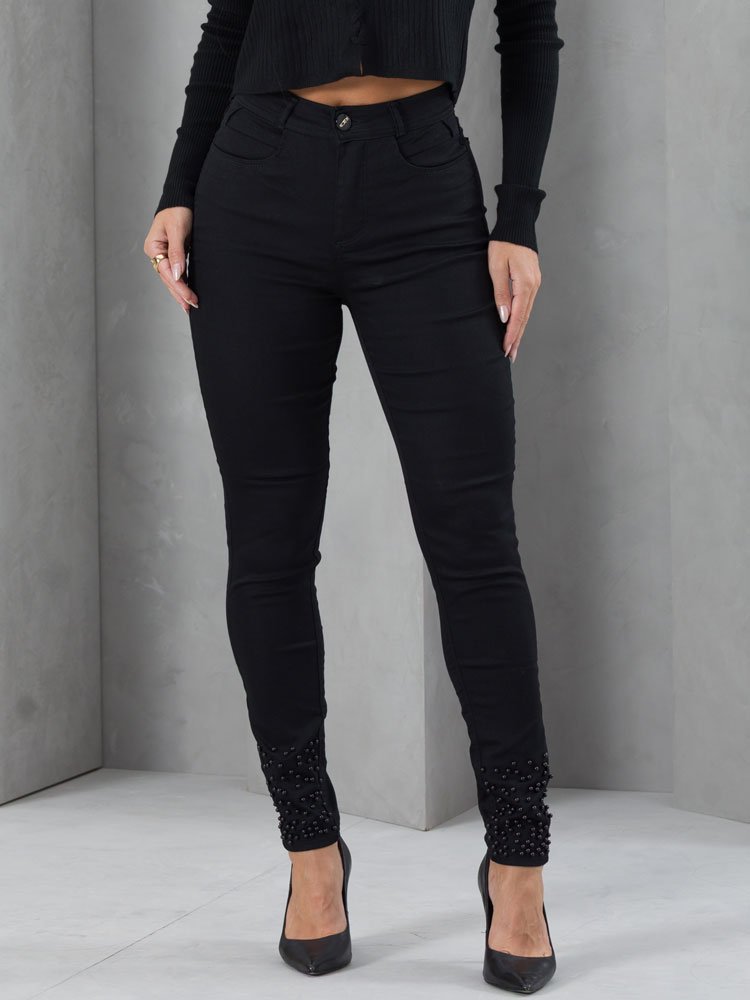 Calça Feminina Sarja Skinny Pérola Negra (Não Desbota)