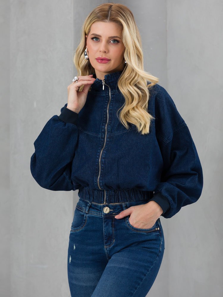 Jaqueta Cropped Feminina Jeans Bomber Fecho de Zíper