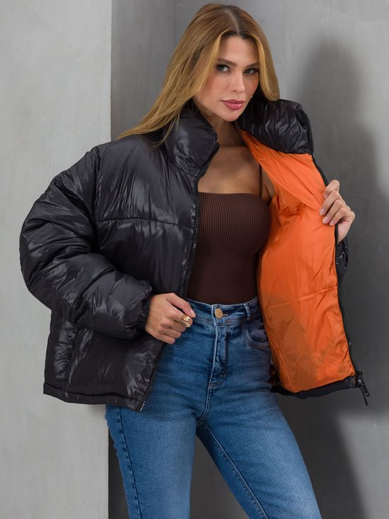 01 jaqueta feminina nylon puffer ampla forro colorido preto g1
