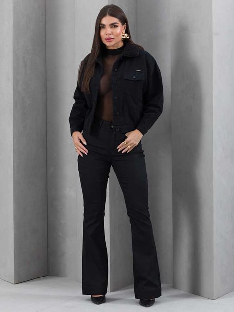 03 calca feminina sarja boot cut nao desbota preto 44