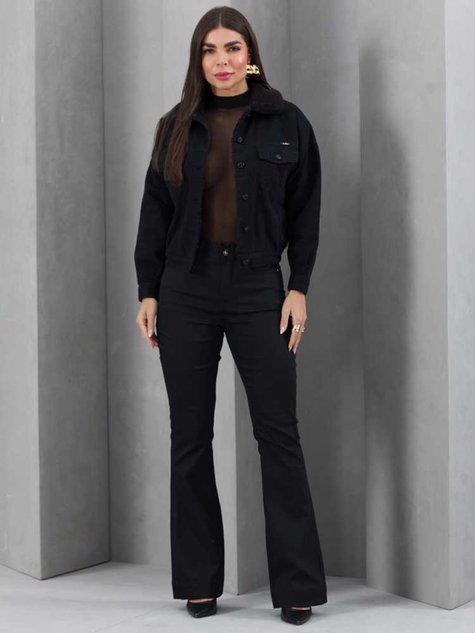 05 calca feminina sarja boot cut nao desbota preto 44