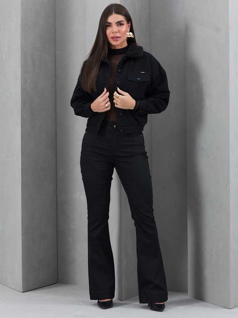 06 calca feminina sarja boot cut nao desbota preto 44
