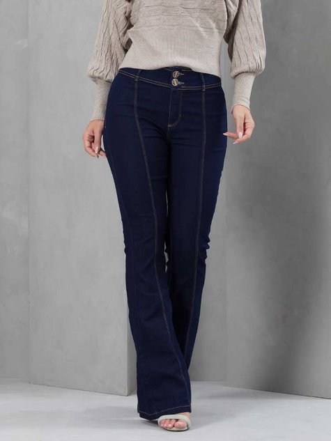 Calça Feminina Jeans Boot Cut Sem Bolsos (Azul Escuro)