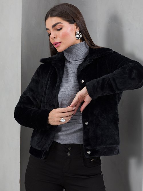Casaco Feminino Peluciado Aconchego Teddy (Preto)