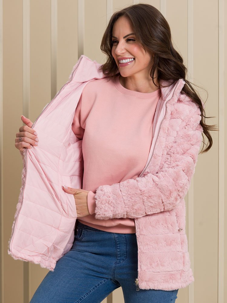 Casaco Feminino Alongado Peluciado Forrado (Rosa)