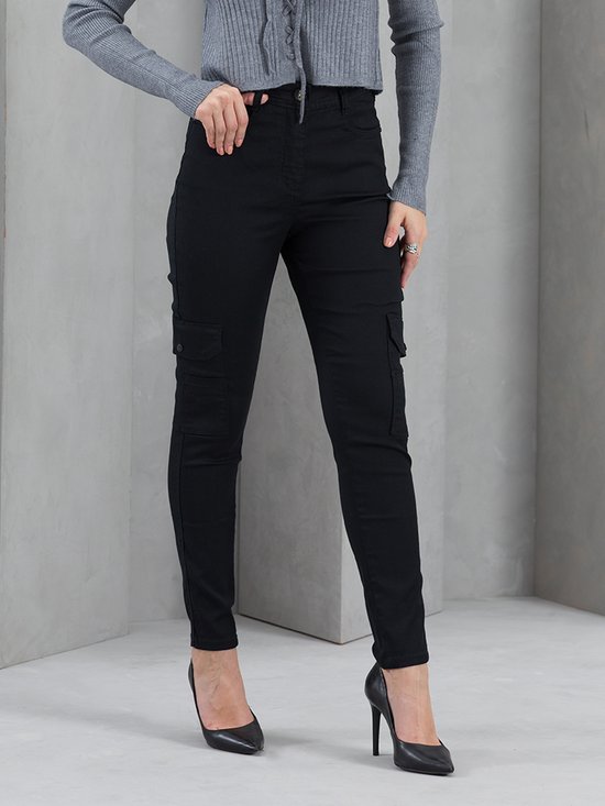 Calça Feminina Sarja Skinny Bolsos Cargo (Não Desbota)