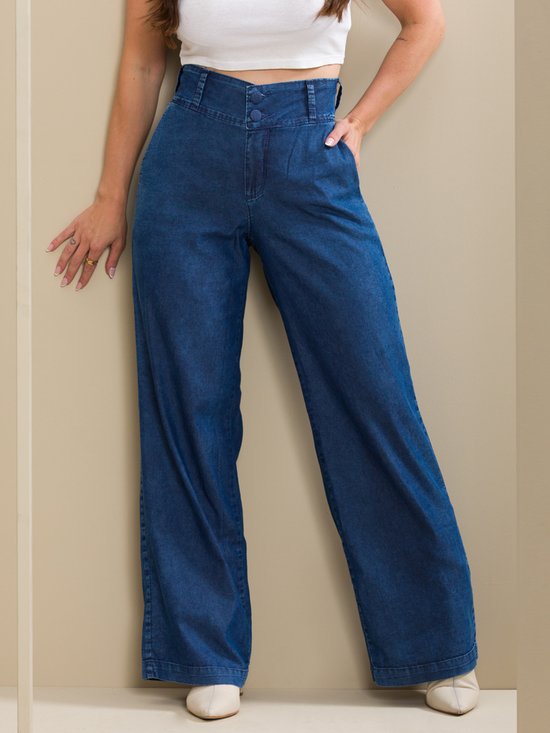 Calça Feminina Jeans Wide Leg de Alfaiataria (Azul)