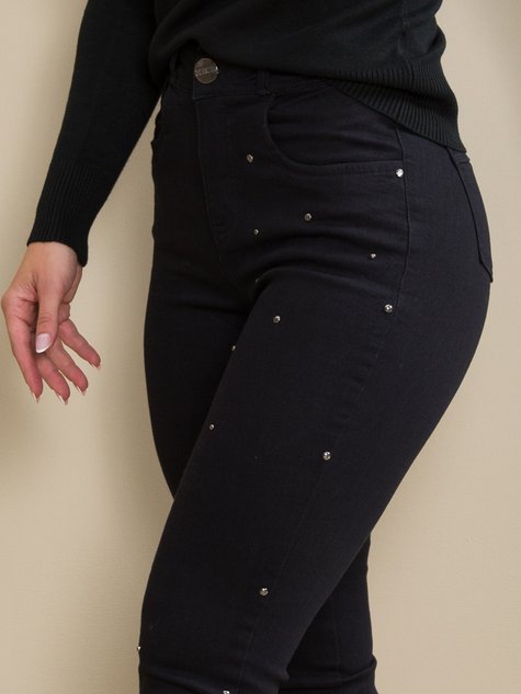 07 calca feminina jeans skinny taxas metalicas preto 38