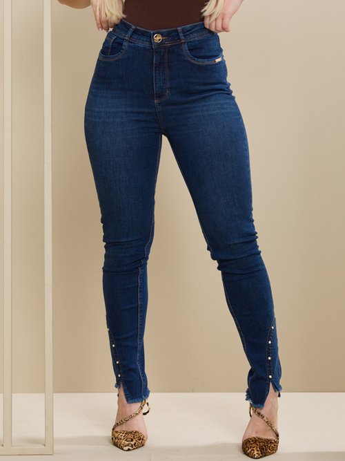 01 calca feminina jeans skinny barra assimetrica azul 40