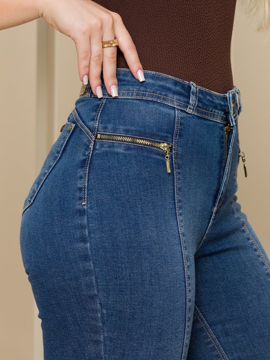 Calça Feminina Jeans Skinny Bolso de Zíper (Azul)