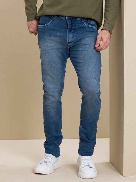 01 calca masculina jeans slim confort estonada azul 42