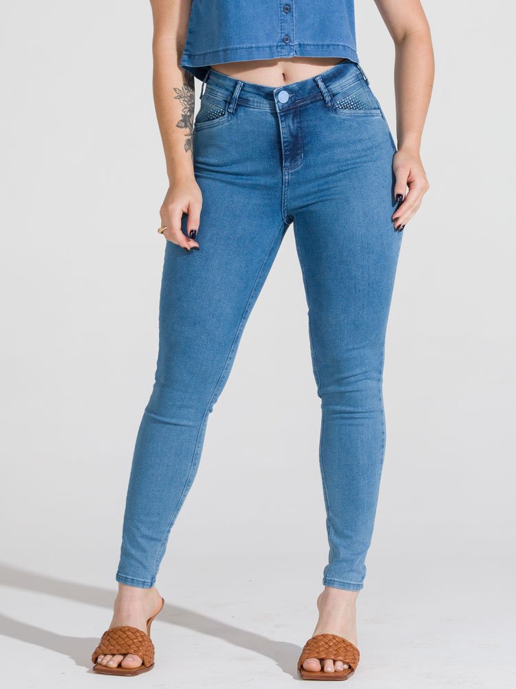 Calça Feminina Jeans Skinny Lycra Strass Imagem 1