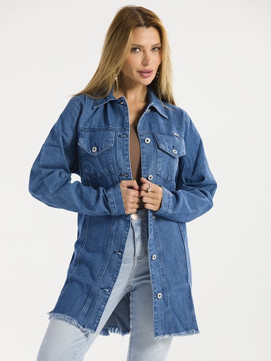 Jaqueta Feminina Jeans Oversized Desfiada (Azul/Branco) - Main Image