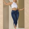 01 calca feminina jeans cropped desfiada strass azul 38
