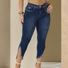 02 calca feminina jeans cropped desfiada strass azul 38