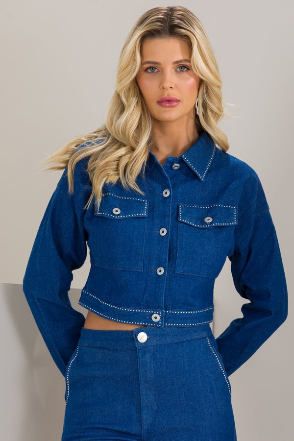 Jaqueta Feminina Jeans Cropped Strass