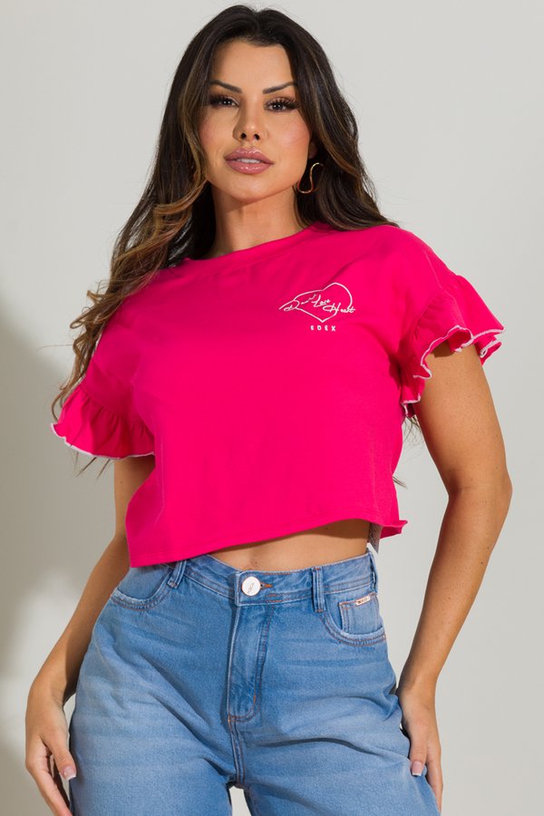 Camiseta T-Shirt Cropped Feminina Manga Princesa