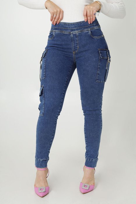 05 calca feminina jeans jogging cargo azul 40