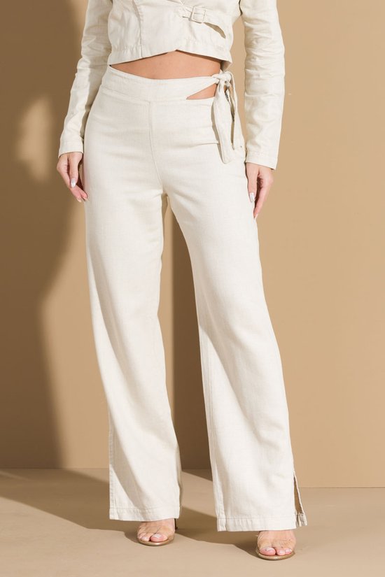 Calça Feminina Linho Wide Leg Cós de Amarração (Areia)