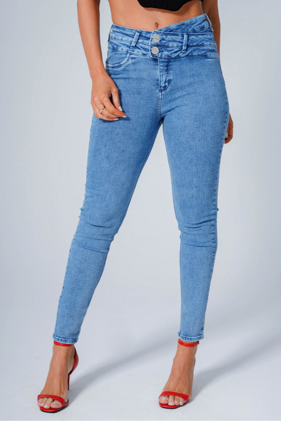 Calça Feminina Jeans Cigarrete Cós Alto Cruzado (Azul)