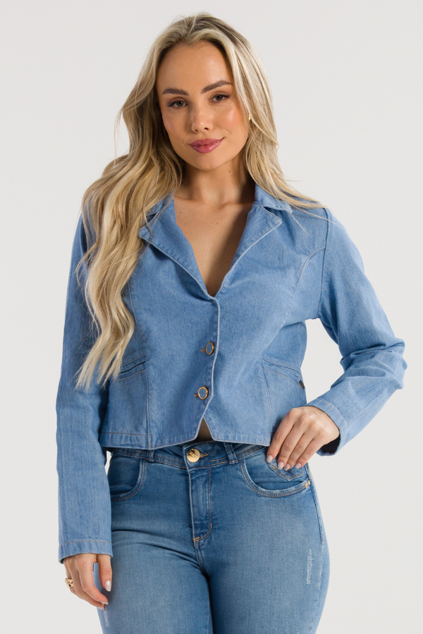 Jaqueta Cropped Feminina Jeans de Alfaiataria