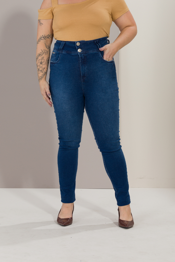 Calça Feminina Jeans Skinny Cós Alto 2 Botões