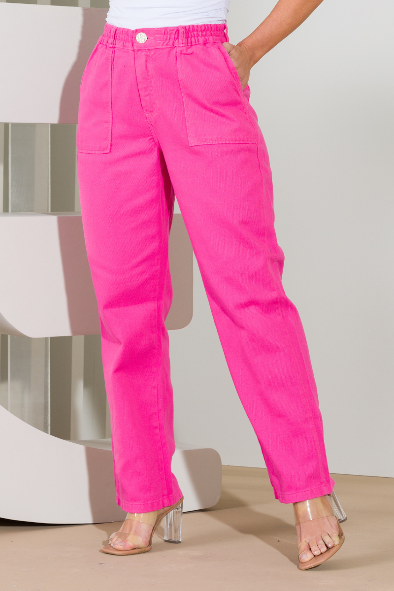 Calça Jeans Wide Leg Colorida Cós Elástico (Pink)