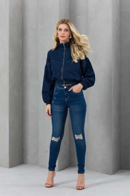 Jaqueta Cropped Feminina Jeans Bomber Fecho de Zíper