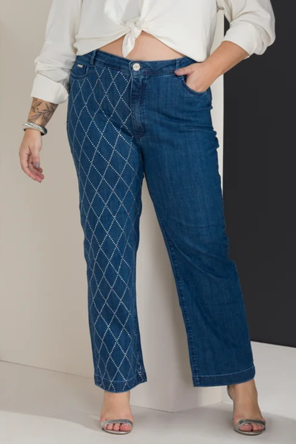 Calça Feminina Jeans Reta Plus Size Brilho Strass