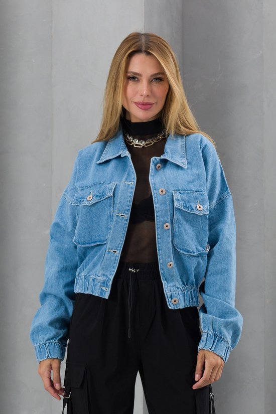 Jaqueta Feminina Cropped Jeans Bomber Bolso Frontal