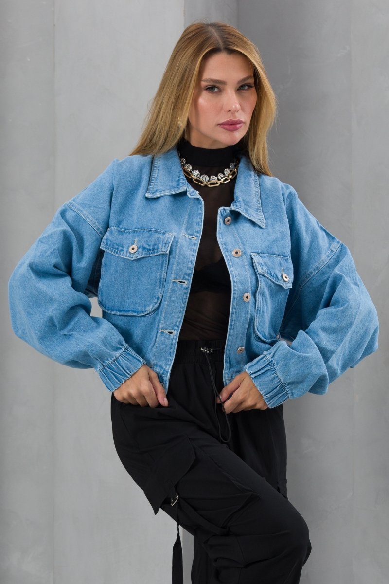 Jaqueta Feminina Cropped Jeans Bomber Bolso Frontal