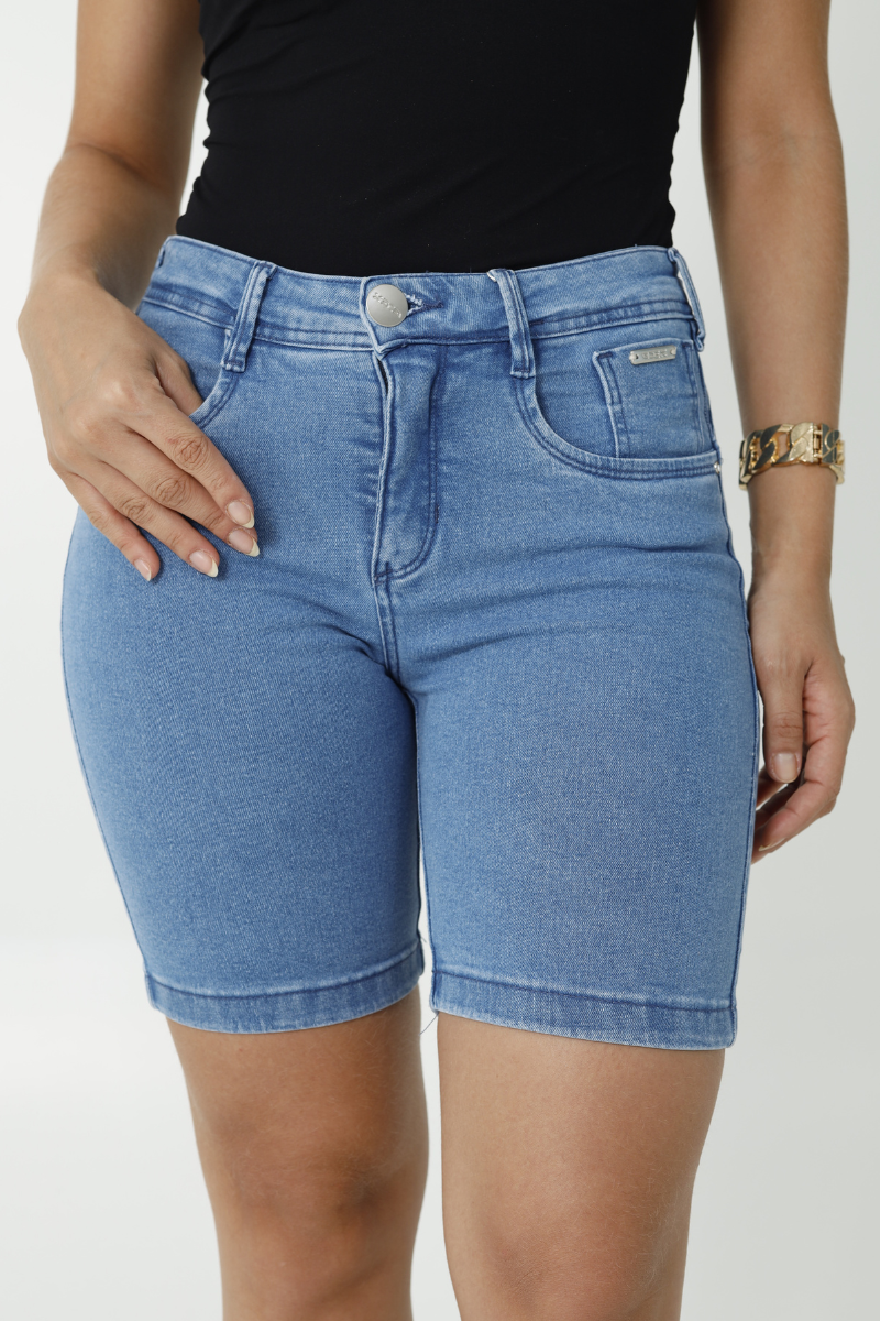 Shorts Feminino Jeans Meia Coxa Lycra Modelador (Azul)