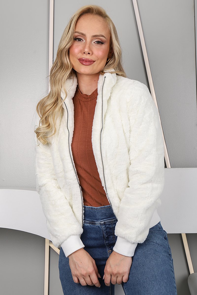Jaqueta Feminina Pelo Teddy Punho Canelado (Off White)